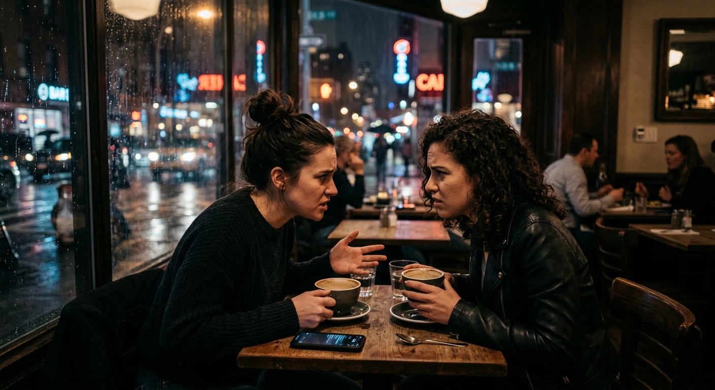 A bustling city street viewed through a coffee shop window, two women talking in