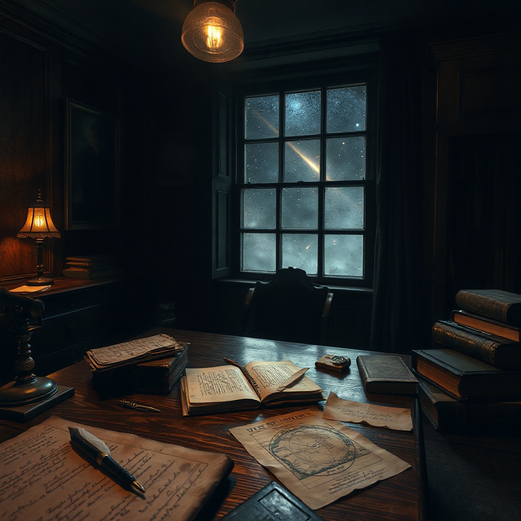 A dim 19th-century study with an oak desk, quill pen, star charts, and scattered