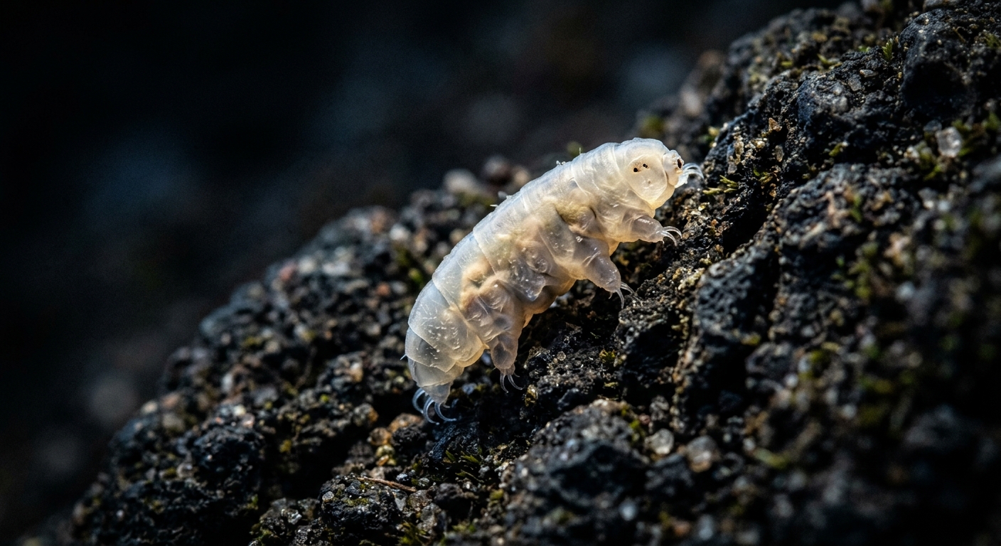 An extreme macro view of a tardigrade on a textured surface with dramatic contra