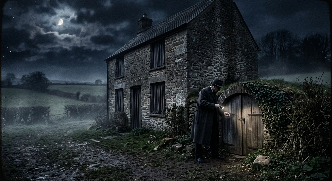 A moonlit rural safe house exterior: a small stone cottage with blackout curtain