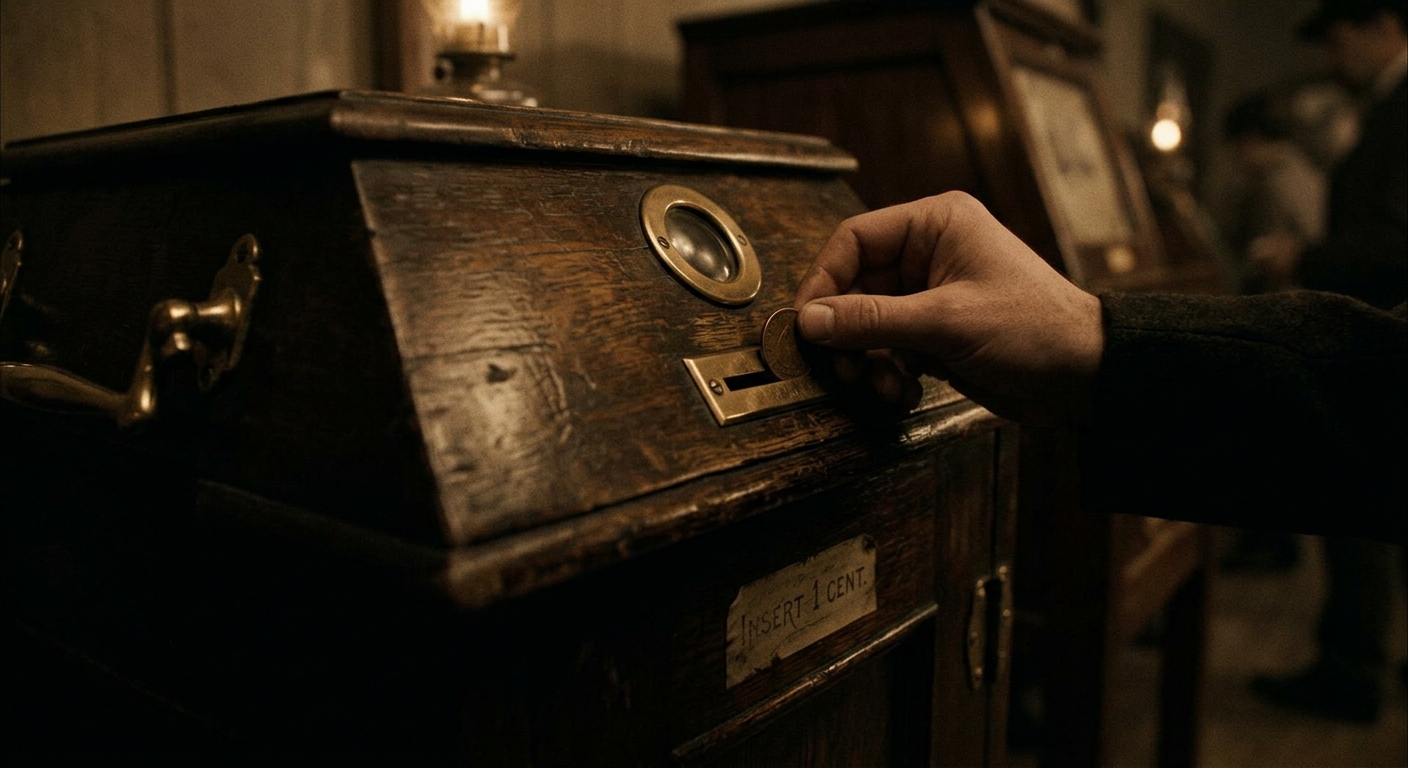 Close-up of a wooden Kinetoscope-style cabinet with brass fittings, a single pee