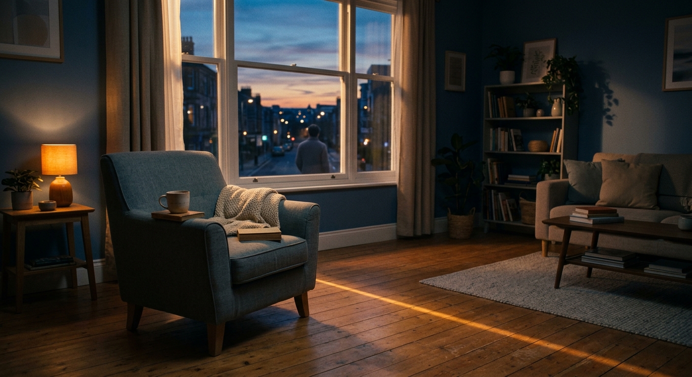 A small apartment living room at dusk, one chair pulled slightly away from the o