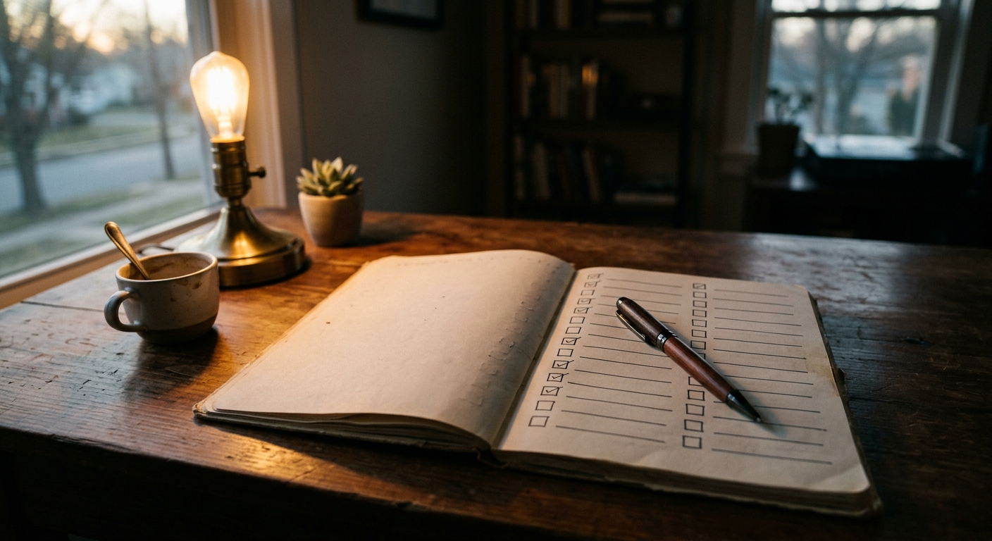 A notebook open on a desk with a pen resting diagonally, a single page filled wi
