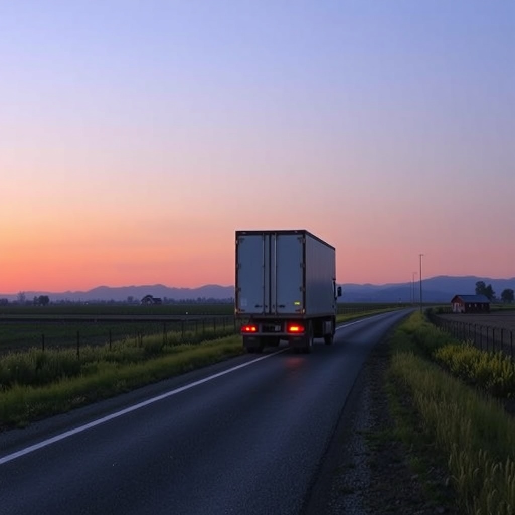 A clean, realistic scene of a long refrigerated truck on a rural road at dusk, w