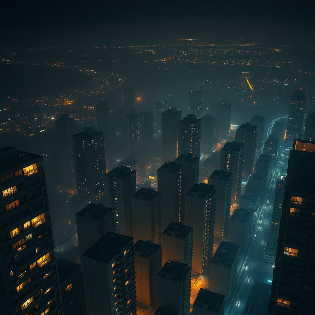 Nighttime aerial view of a sprawling city with apartment windows glowing, and in