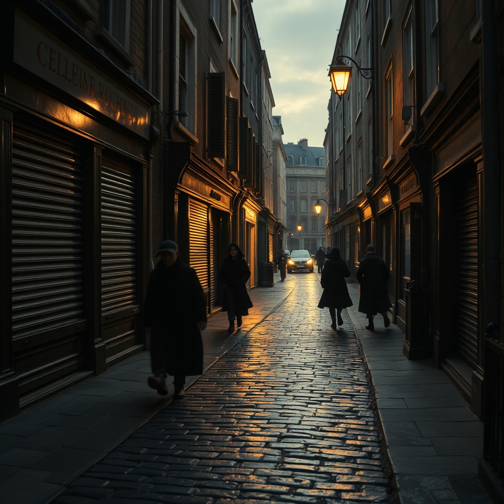 A narrow Georgian street at dawn with shop shutters half-open, a dim lamplight g