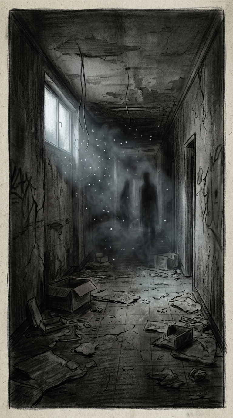 A hallway returning to stillness, sunlight beginning to creep in, traces of the 