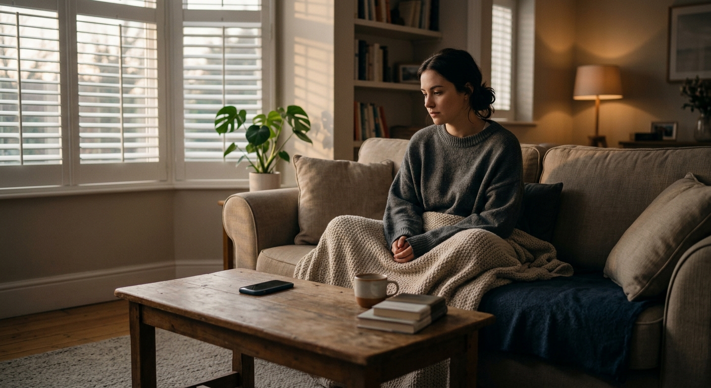 A solitary figure in an oversized sweater sitting on a couch with a blanket, pho