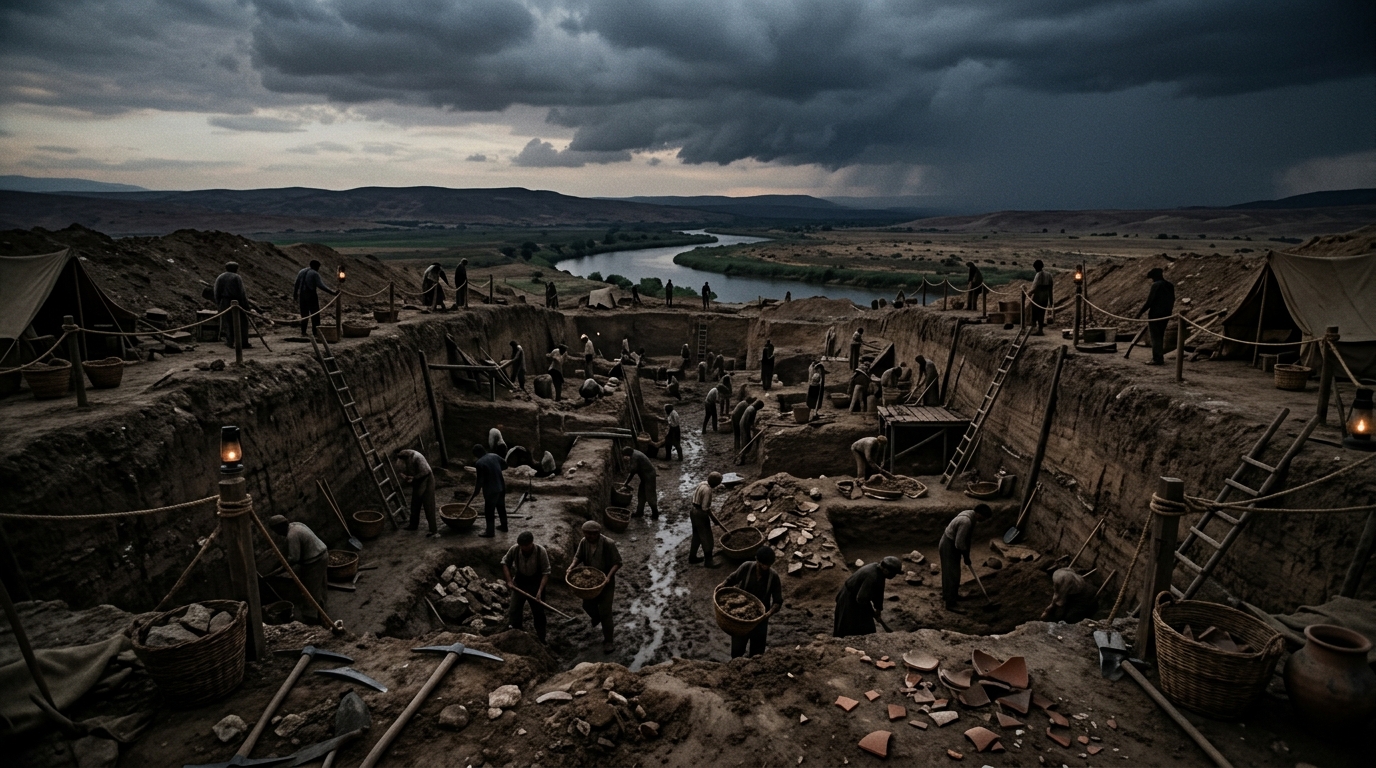 A wide shot of an archaeological trench at dusk near a river plain, workers as s