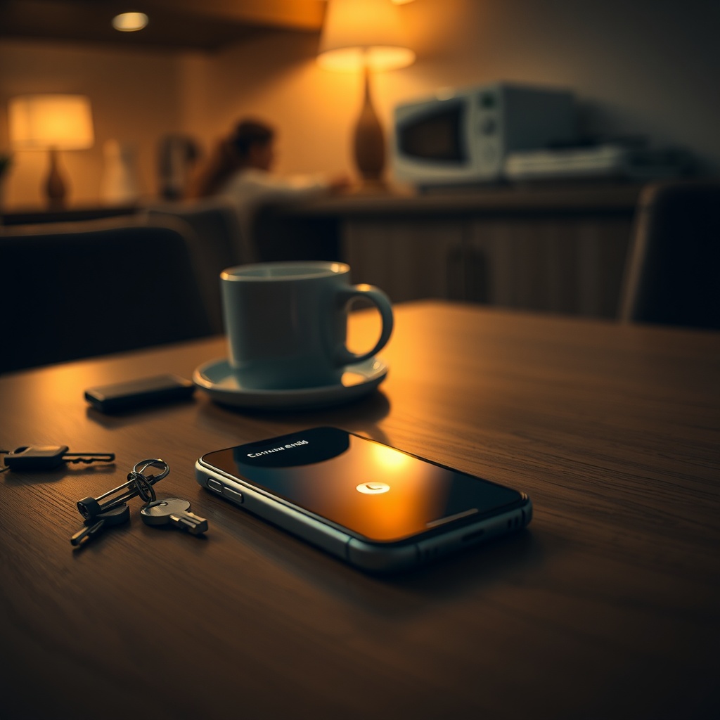 Close-up of a phone on a kitchen table showing a recent call ended, beside scatt