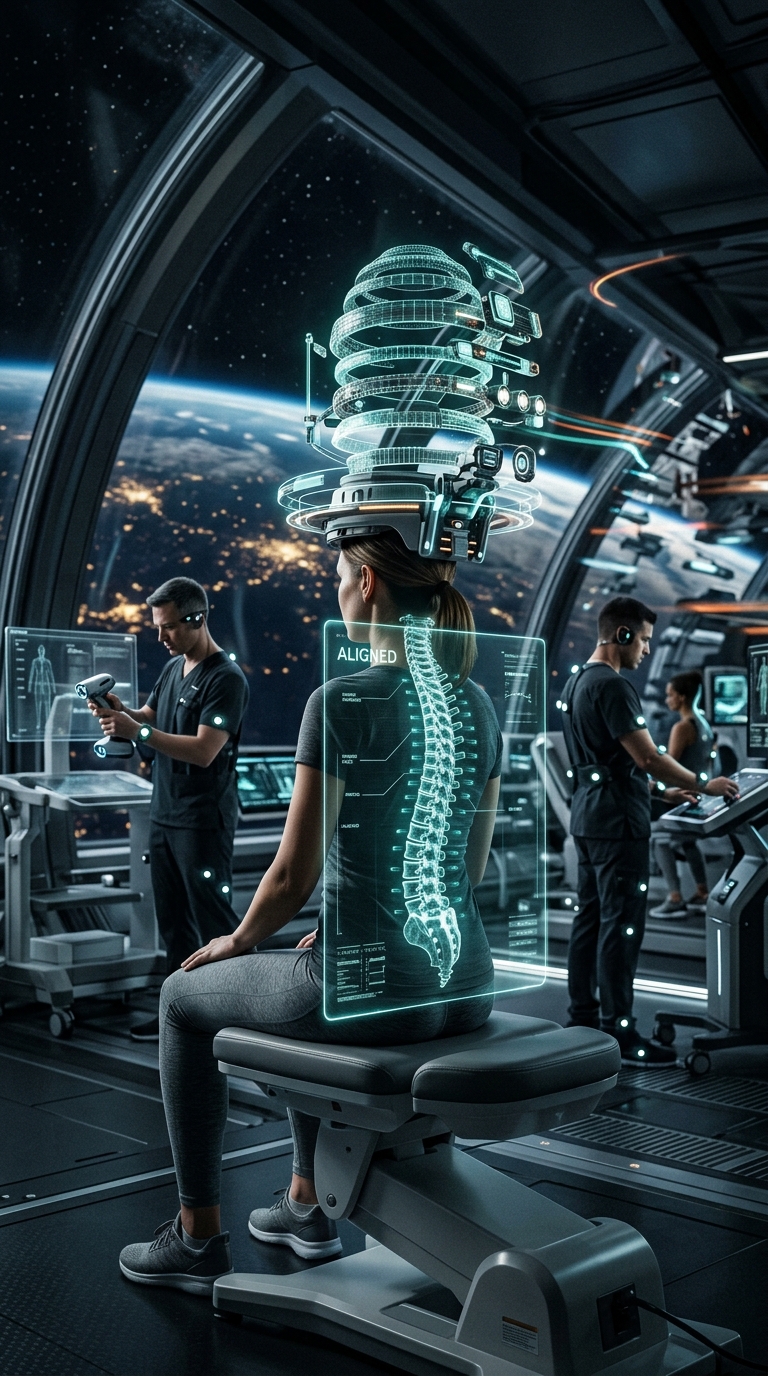 Futuristic physical therapy clinic, patient seated while a transparent overlay s