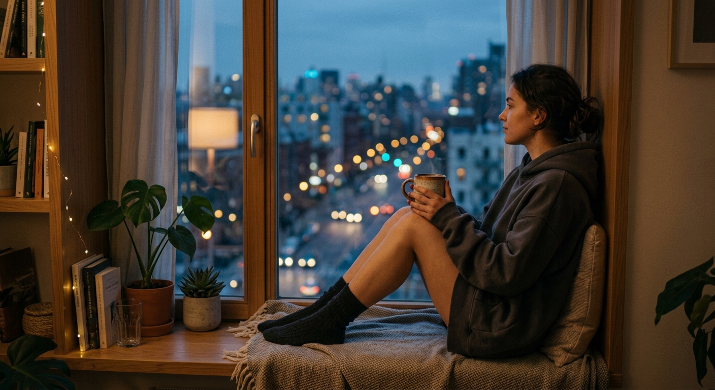 A solitary figure in a cozy hoodie sitting on a windowsill at dusk, holding a mu