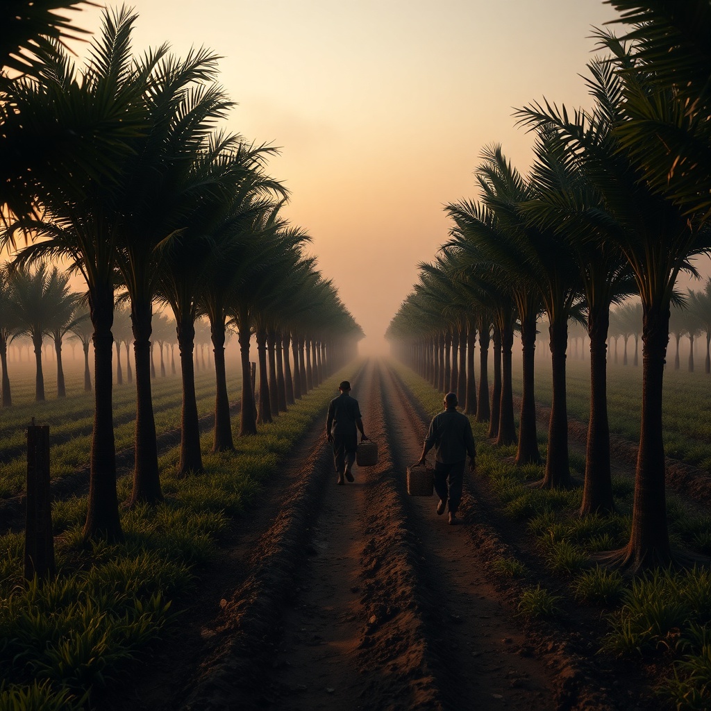 A plantation edge at dawn with neat rows of cinchona trees receding into fog, an