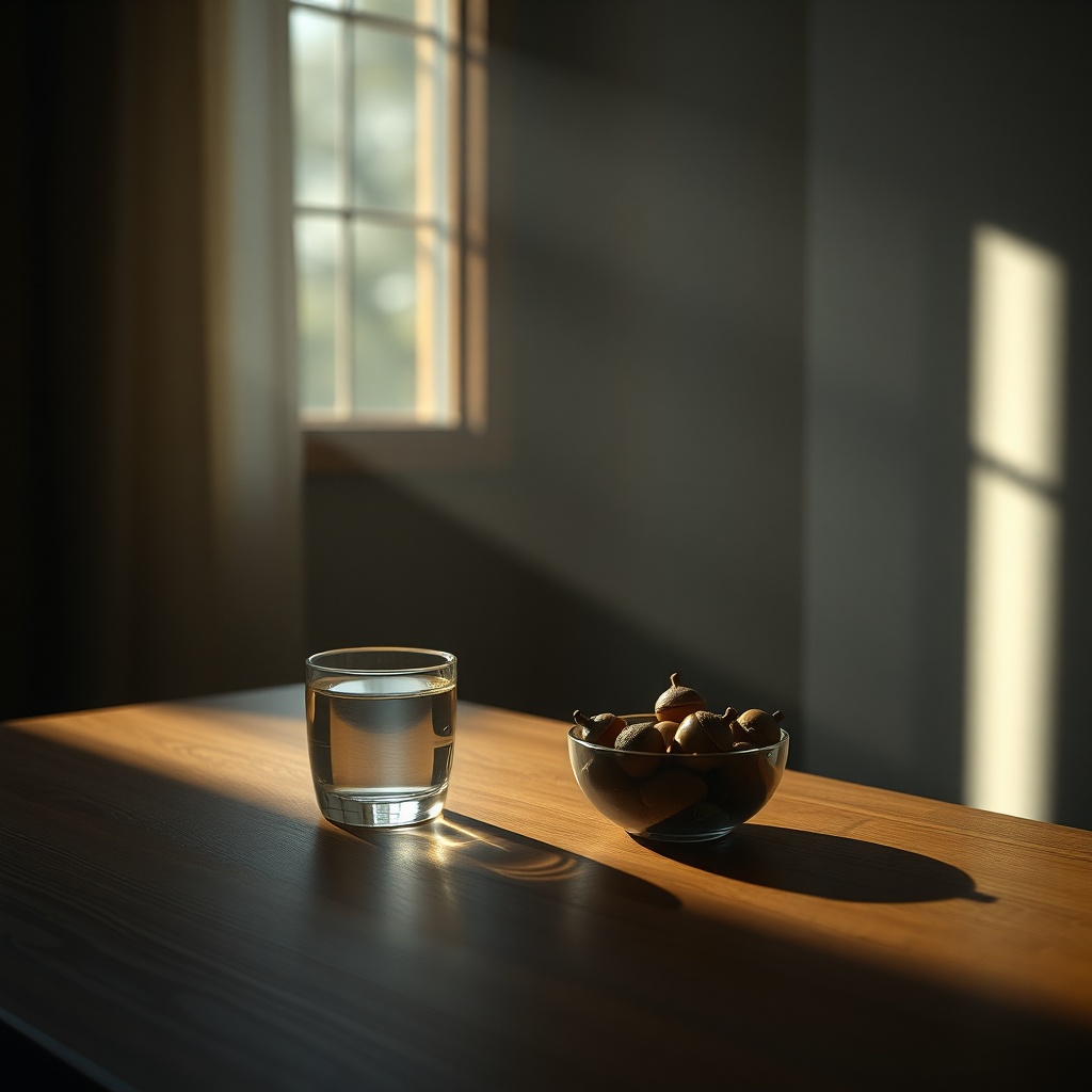 A quiet interior scene, a wooden table with a glass of water and a small bowl of