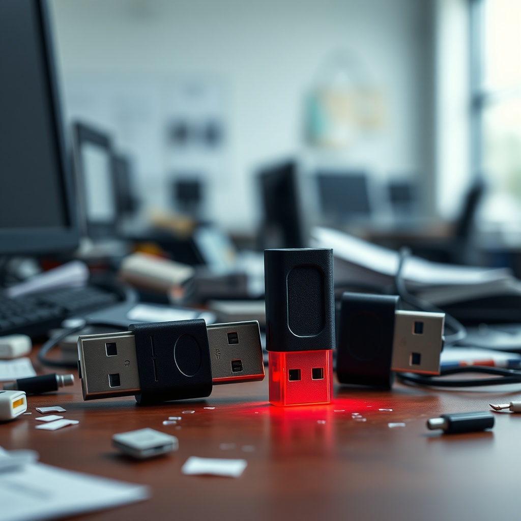 A semi-realistic scene of a messy desk with two identical USB drives, one labele