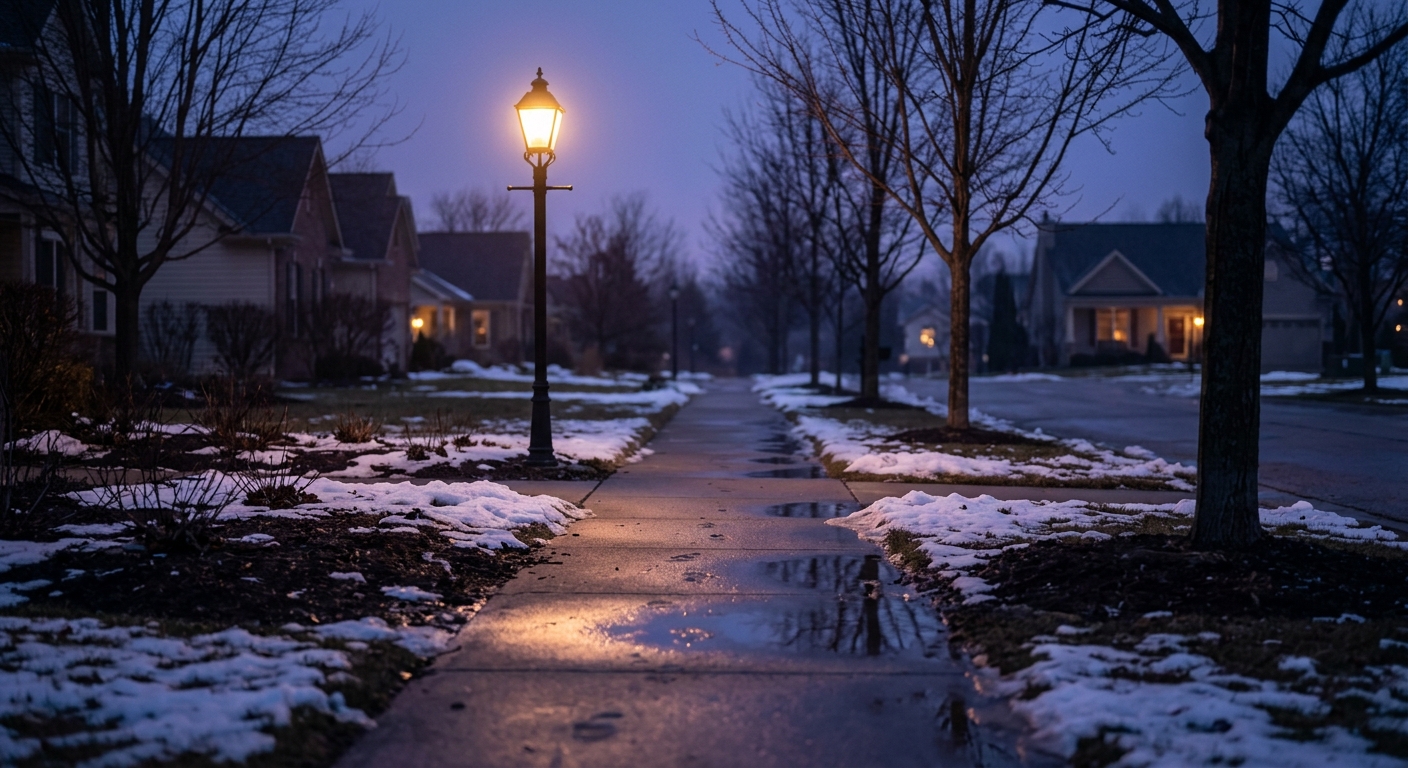 A quiet sidewalk at dusk with patches of snow melting into reflective puddles, a