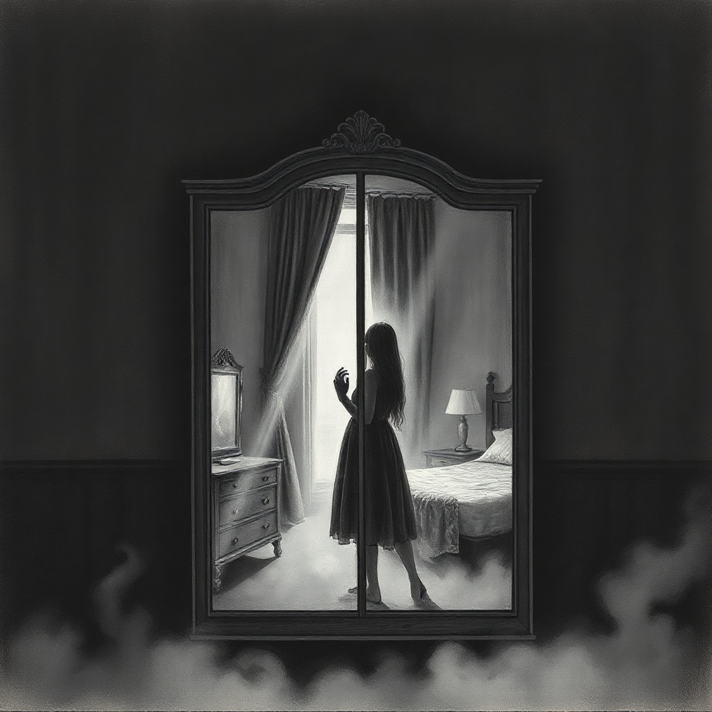 Dark charcoal horror illustration of an antique wardrobe mirror in a shadowy hot