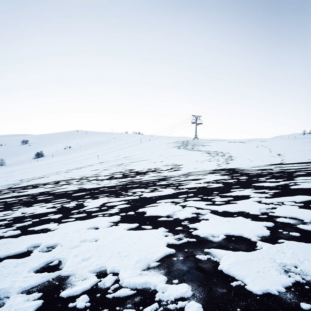 A mountain ski slope with patchy snow and exposed dark ground under a pale winte