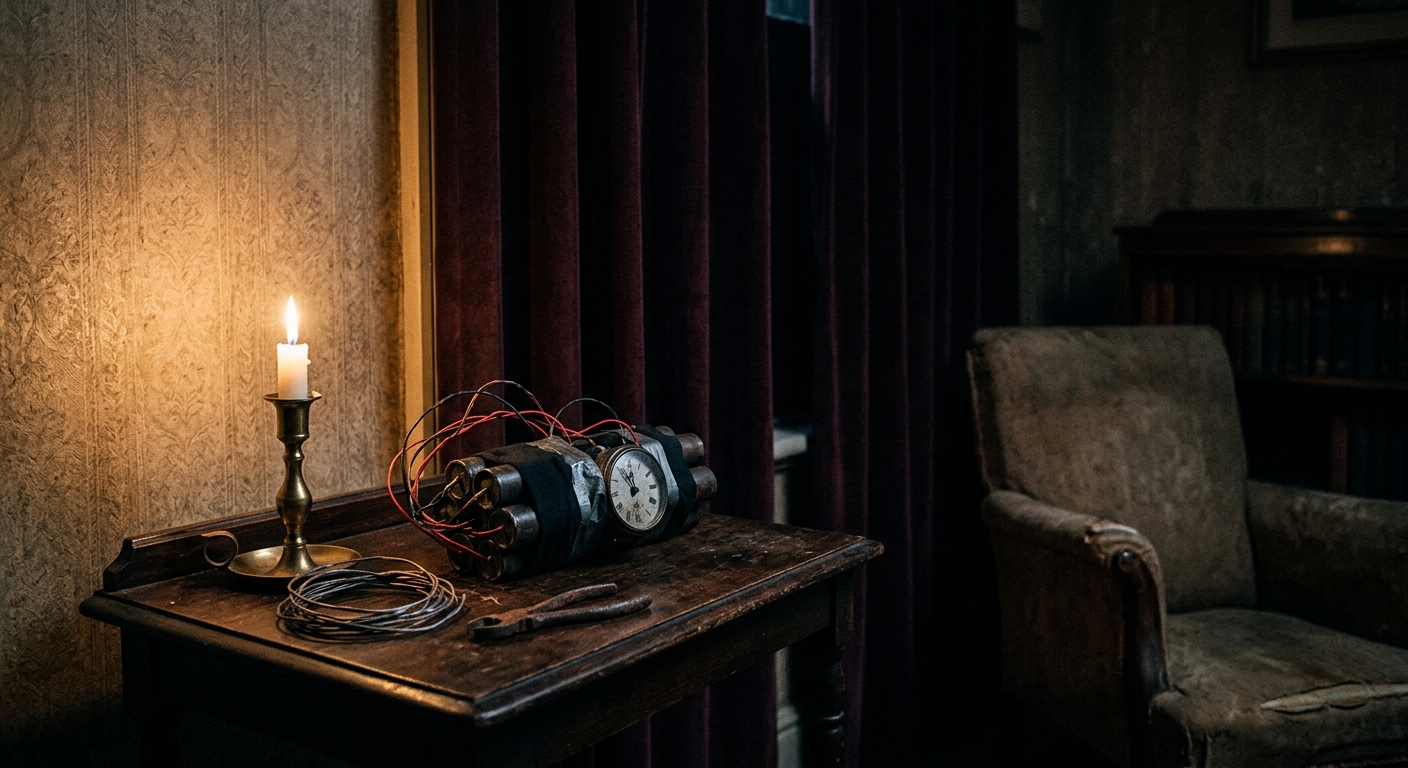 Interior of a dim Edwardian sitting room with heavy curtains and dark wood, a sm