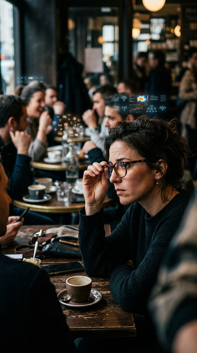 Vertical close-up of a crowded café scene; above each table faint AR overlays sh