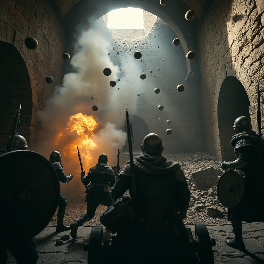 A low-angle view inside a battered stone bastion as cannonballs smash limestone,