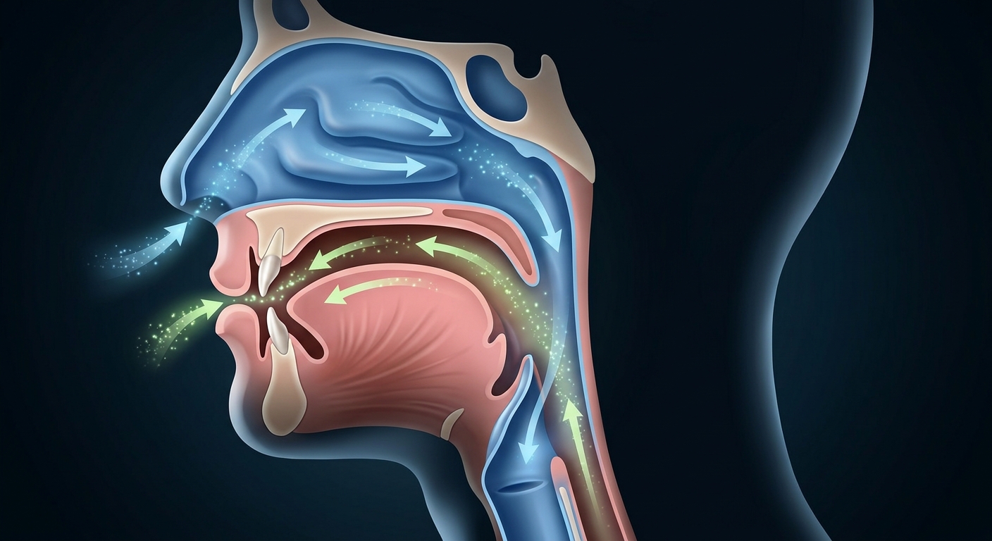 A clean cutaway view of the nasal cavity and mouth cavity merging into the throa