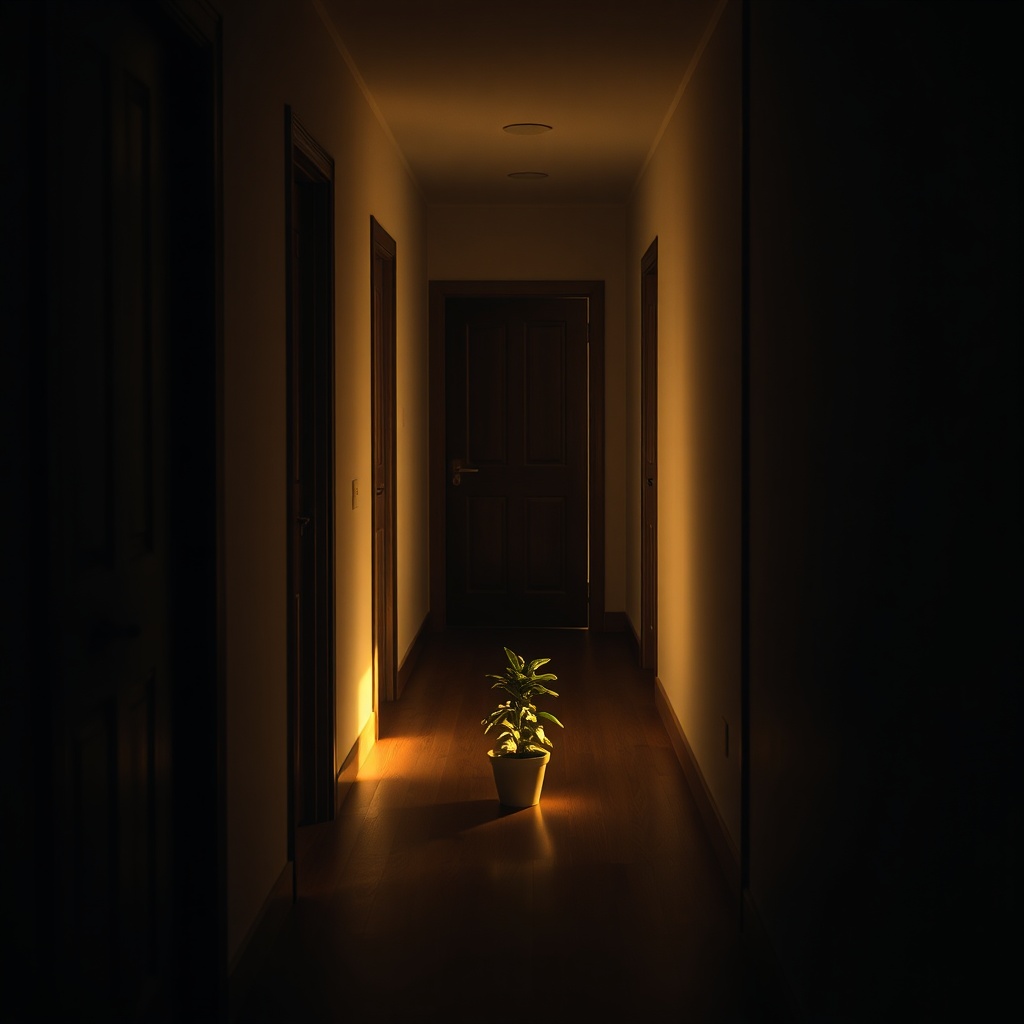 A narrow hallway with several closed doors, one door slightly ajar spilling warm
