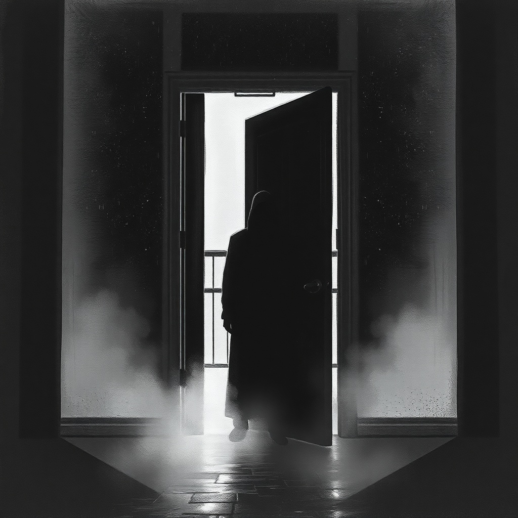 Dark charcoal horror illustration of a library side entrance vestibule seen thro