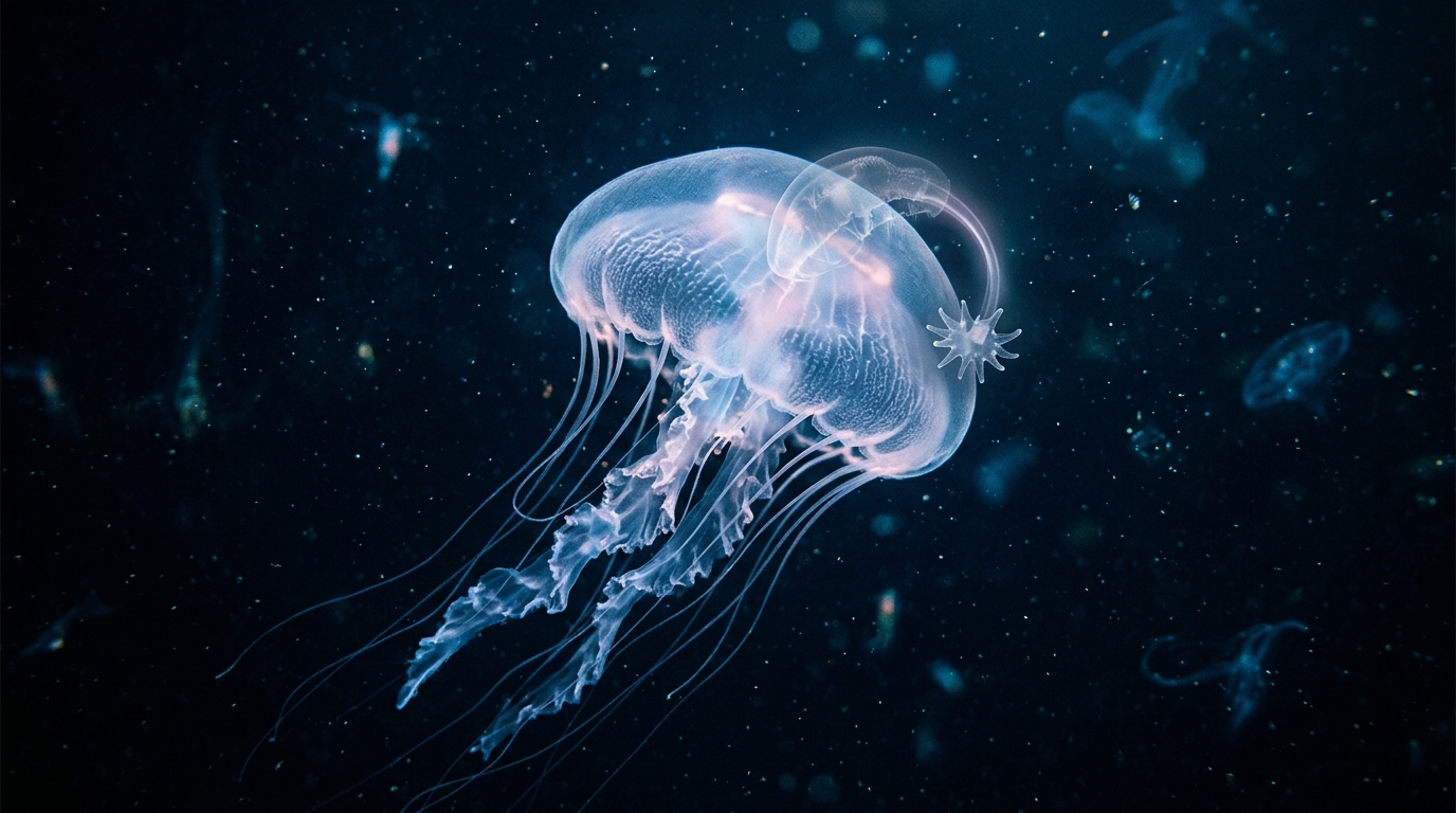 A semi-realistic jellyfish mid-water with a subtle visual metaphor of it looping