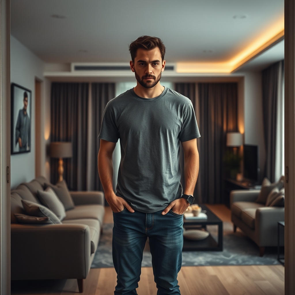 A man in his late 20s, wearing a casual t-shirt and jeans, standing awkwardly at