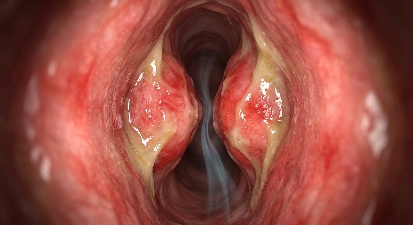 An extreme close-up of a nasal passage as a narrow tunnel with swollen red tissu