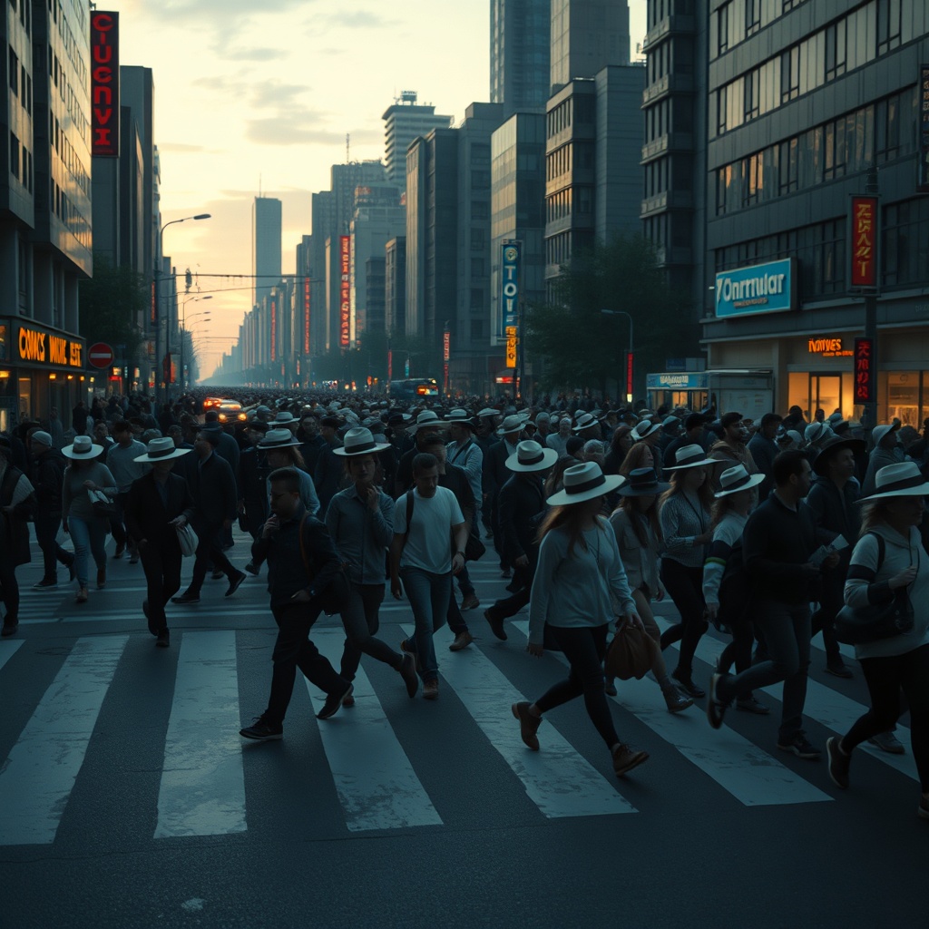 A crowded city crosswalk at dusk, dozens of pedestrians wearing hats that vary w