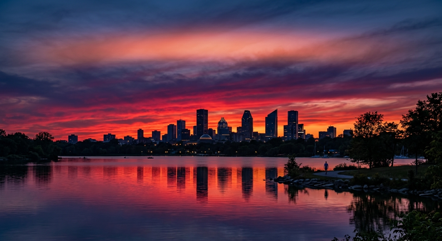 A dramatic twilight skyline over a calm lake with an unusually intense crimson a