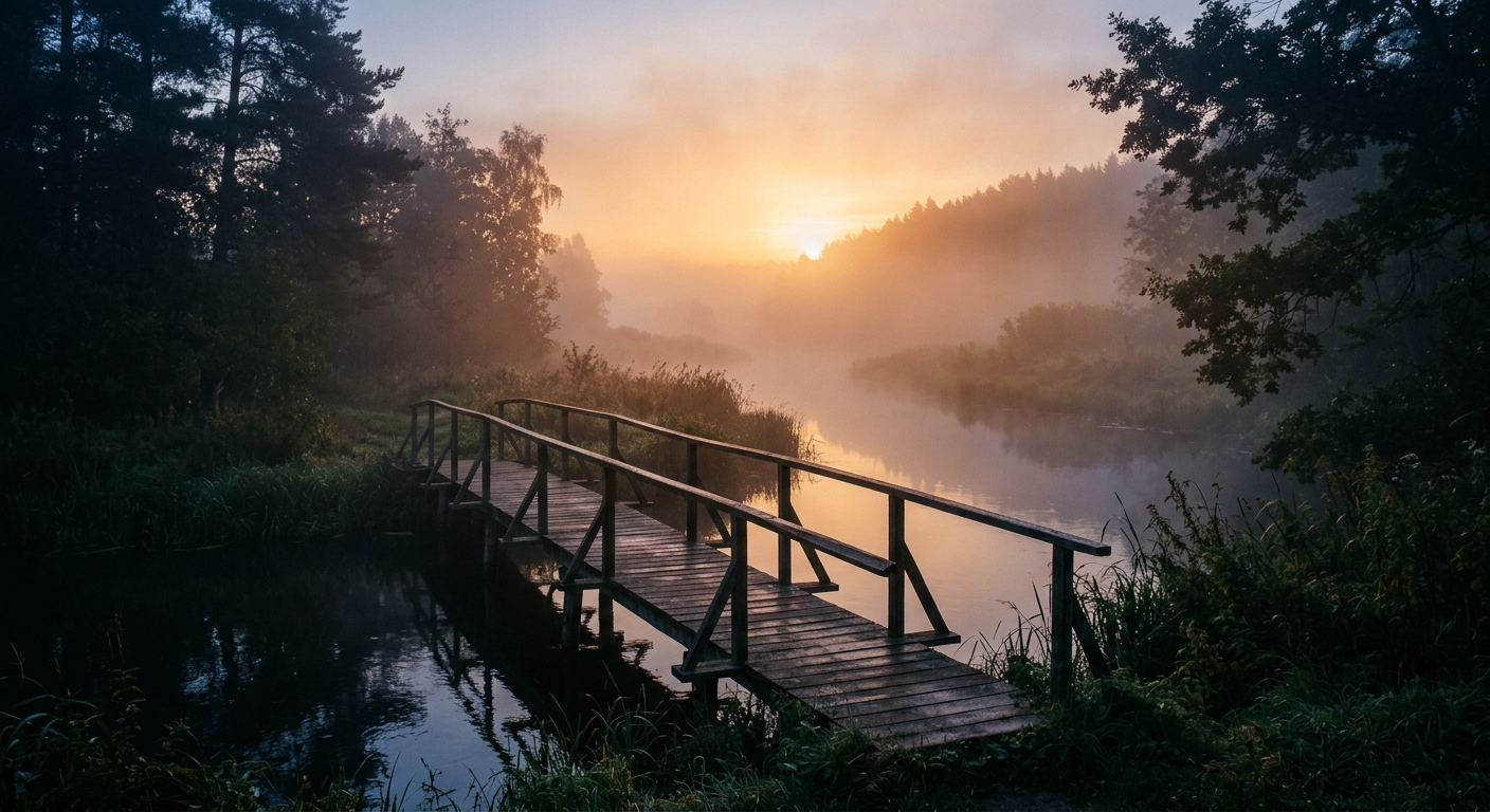 A small bridge over a quiet river at sunrise with soft mist and warm light on th