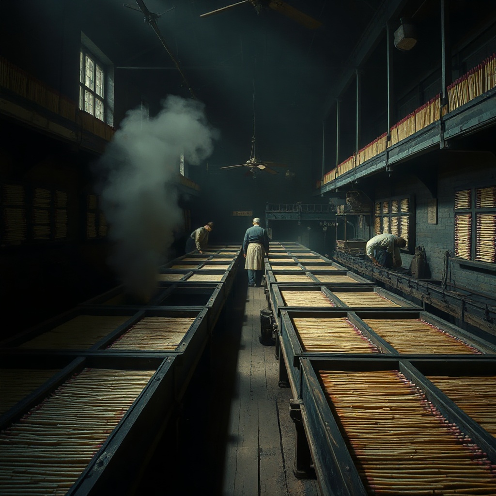 Inside a Victorian match factory dipping room, rows of long wooden frames holdin