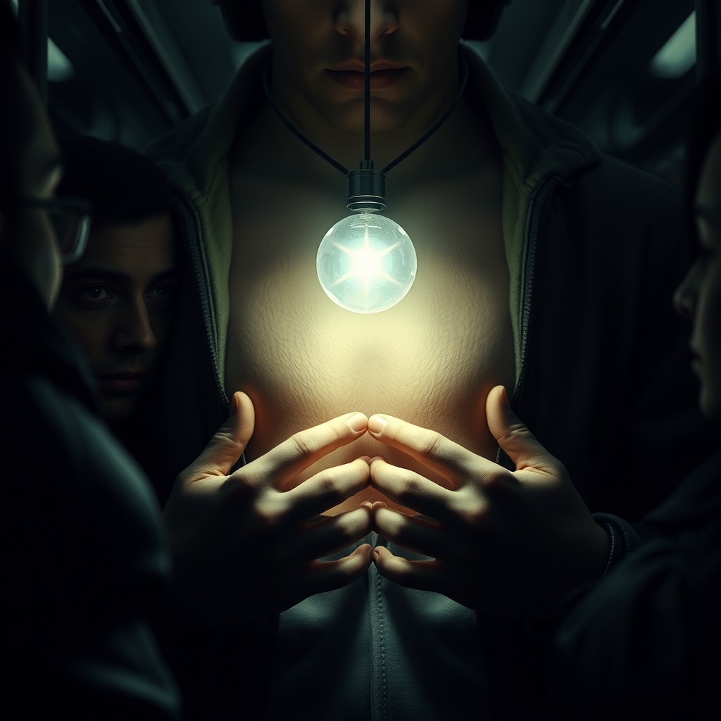 Close-up vertical shot of a person’s chest and hands in a dim subway car, the pe