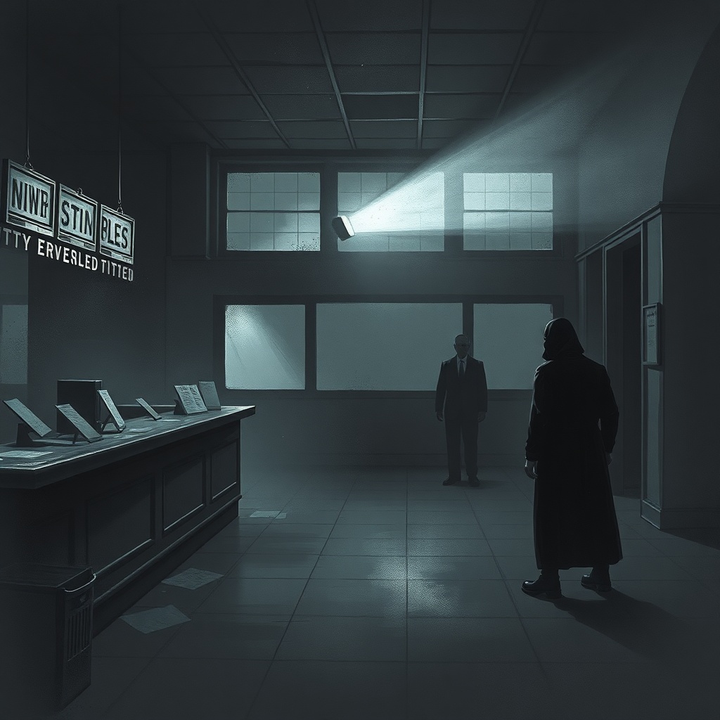Dark charcoal horror illustration of the former lobby with empty counter frames 