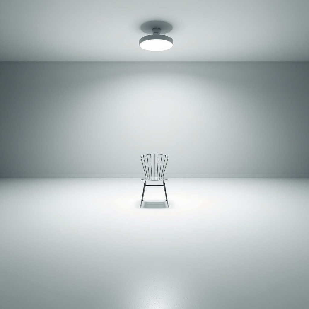 A stark, modern-feeling empty room with a single overhead light casting a hard c