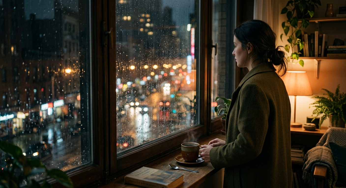 A solitary figure in a simple coat standing at a rainy window, city streetlights