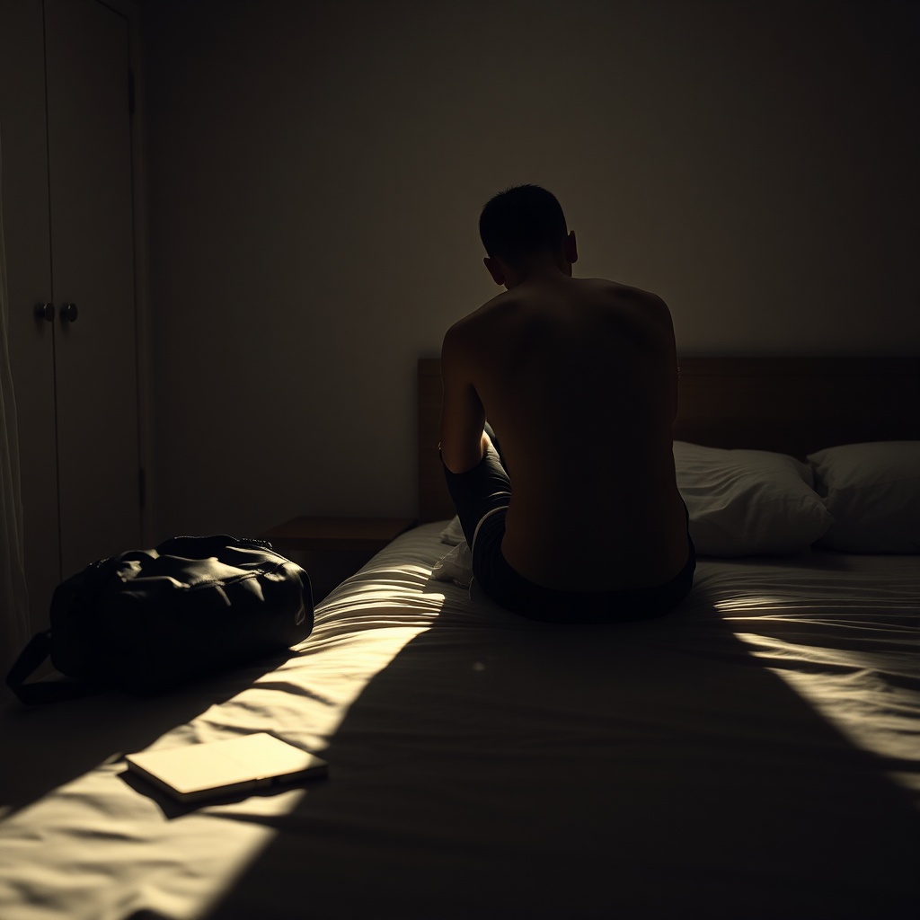 A person seen from behind sitting on the edge of a bed tying their shoes, a gym 