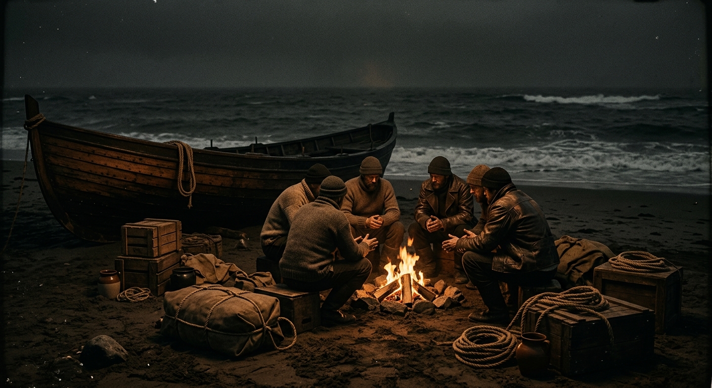 A night scene at a rough shoreline camp, anonymous sailors in worn wool and leat