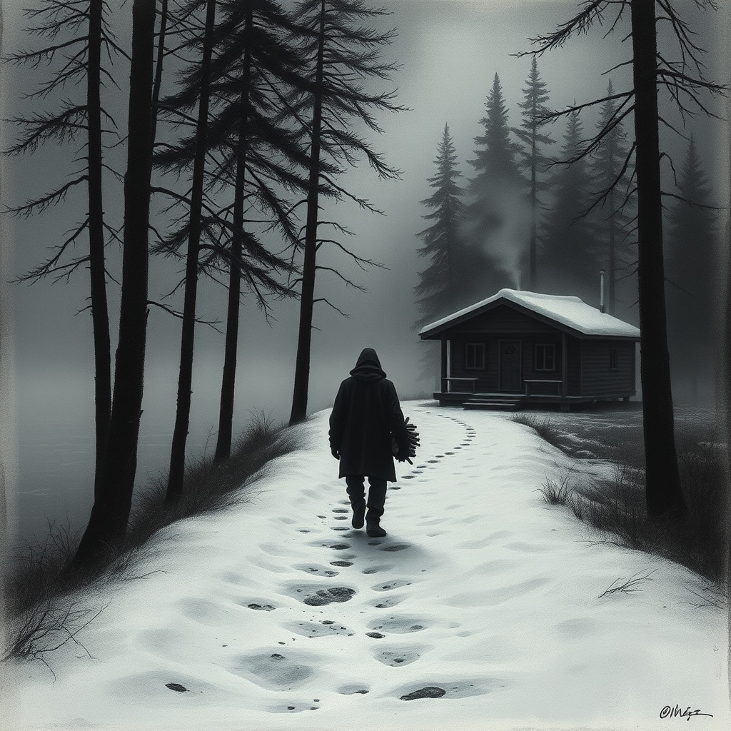 Dark charcoal horror illustration, a lone figure carrying split firewood along a