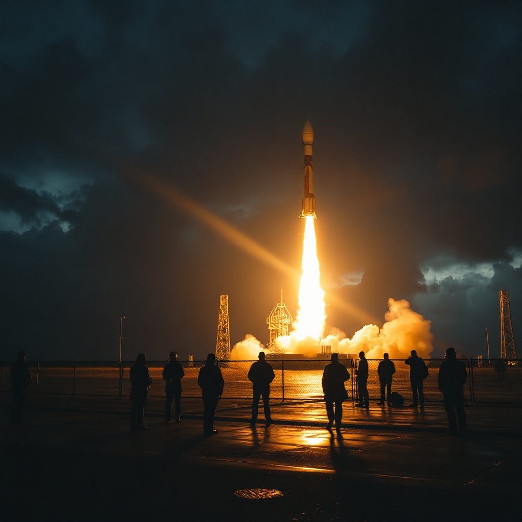 A night-time launch site with a rocket lifting off, orange flame reflecting on w