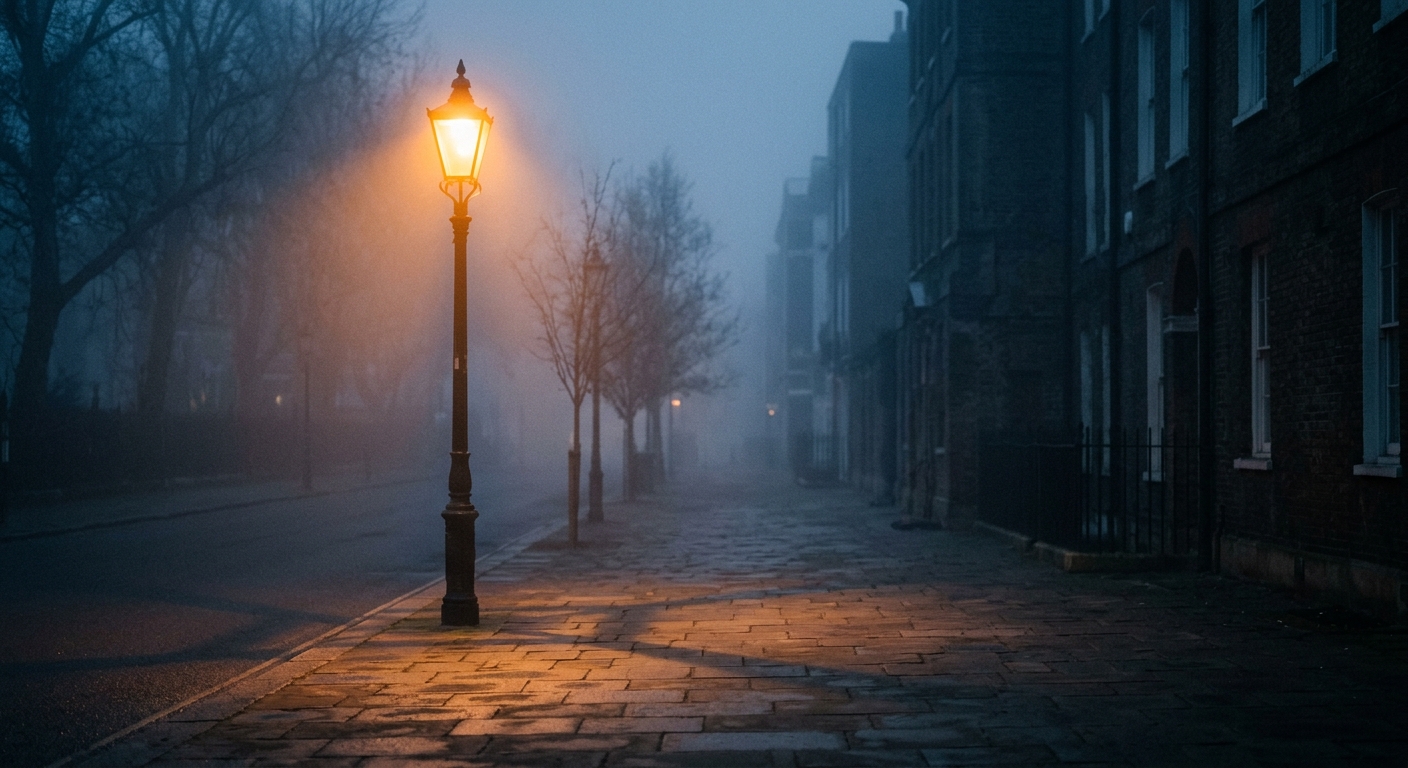 A lone streetlamp glowing in early morning mist on an empty sidewalk, long soft 
