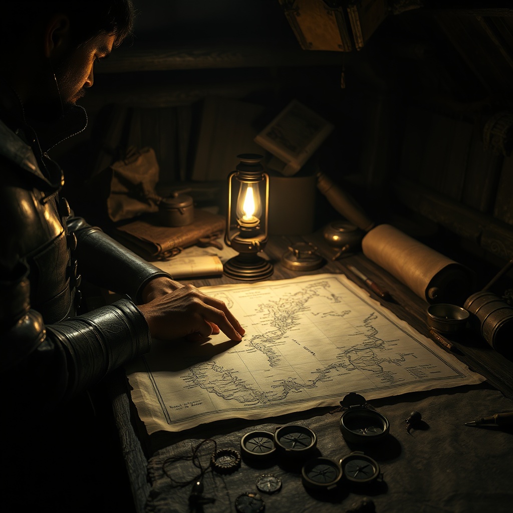 A cramped map-table scene lit by a single oil lamp, with an anonymous armored of