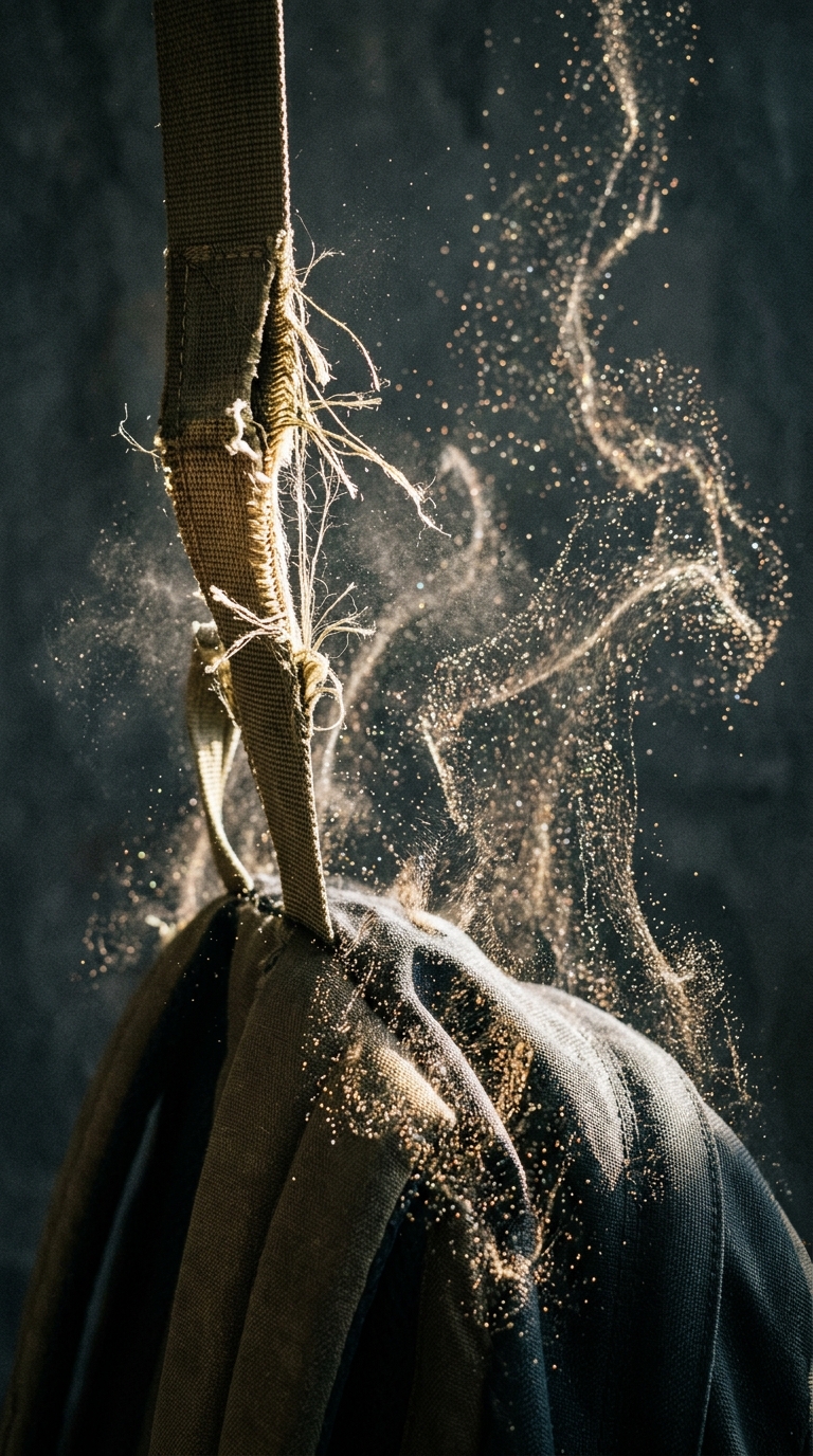 Close-up vertical shot of a frayed backpack strap snapping with fibers flying in