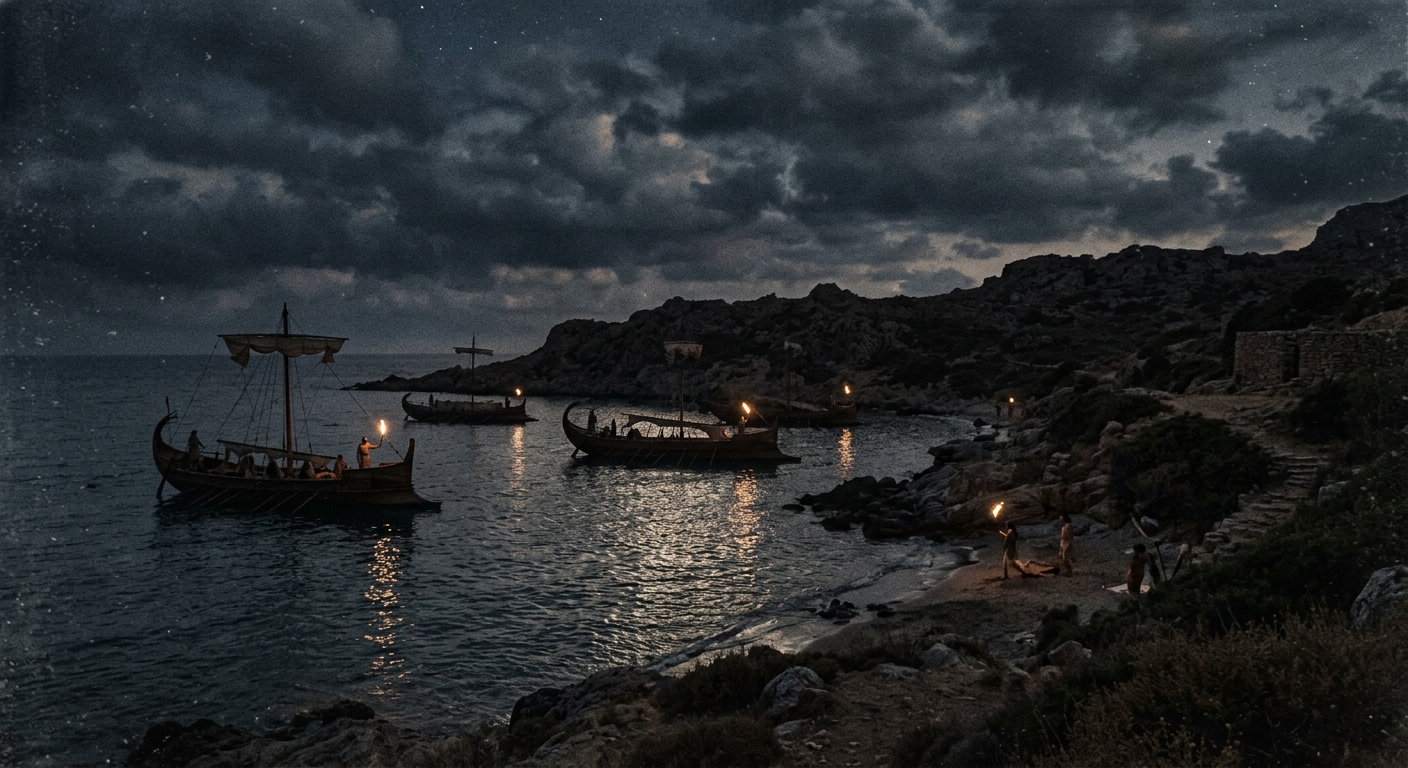 Nighttime coastal scene of Bronze Age ships anchored offshore, torchlight flicke