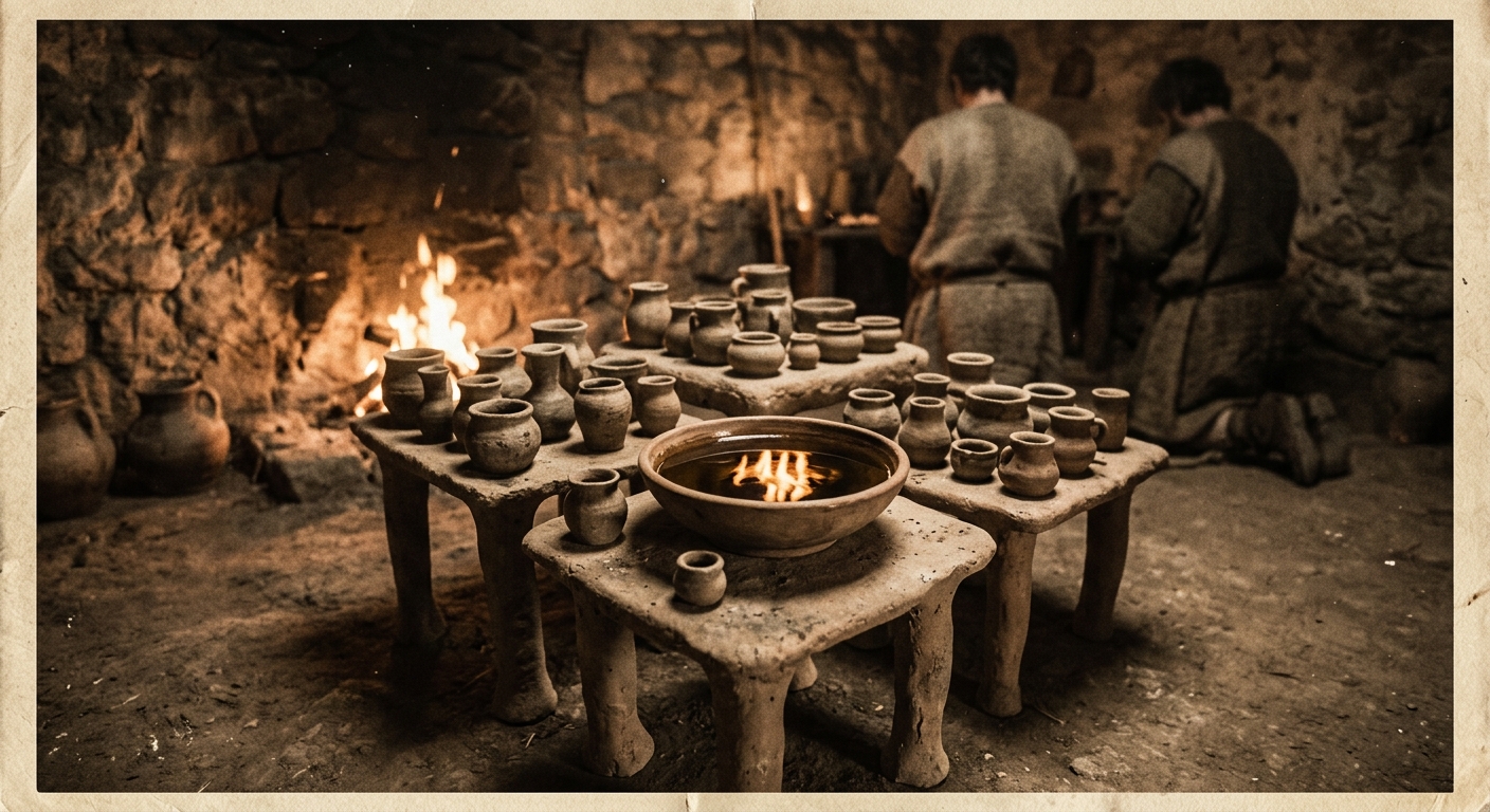 Atmospheric interior of a Bronze Age shrine room with clay offering tables, smal