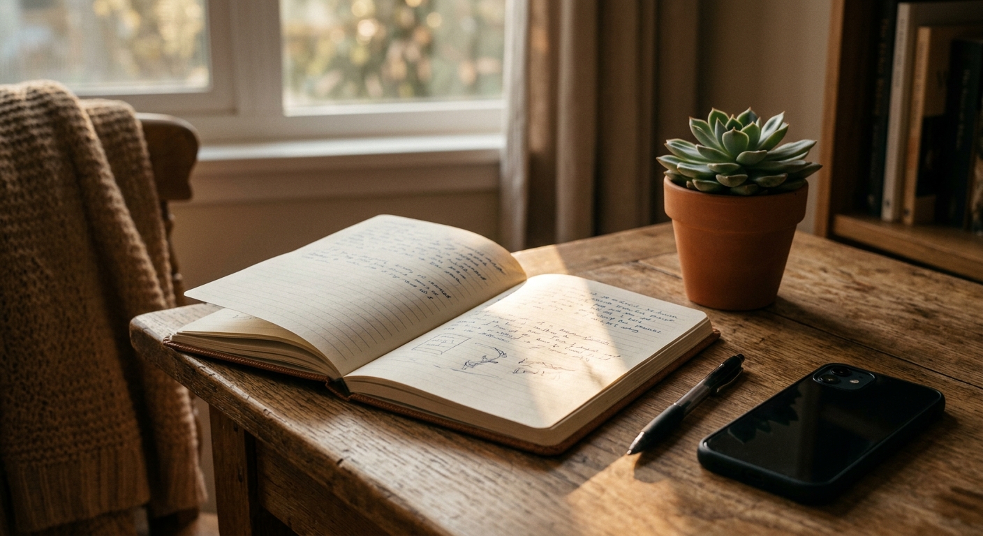 A notebook open beside a simple pen and a phone facedown, sunbeam across the pag