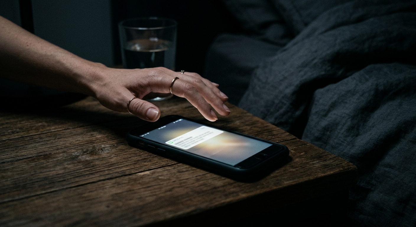 Close-up of a phone screen on a dark wooden table, incoming message preview glow
